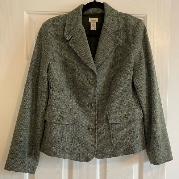 Ll Bean Wool & Silk Blend Green Herringbone Blazer - Picture 7 of 10
